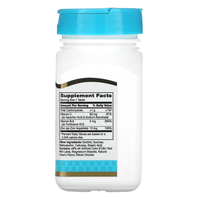 21st Century, Zinc Plus Vitamins C &amp; B-6, Chewable, Cherry Flavor, 90 Tablets