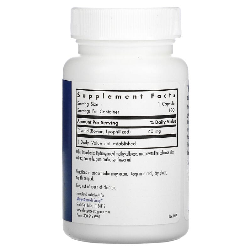 Allergy Research Group, Thyroid, Natural Glandular, 40 mg, 100 Vegetarian Capsules