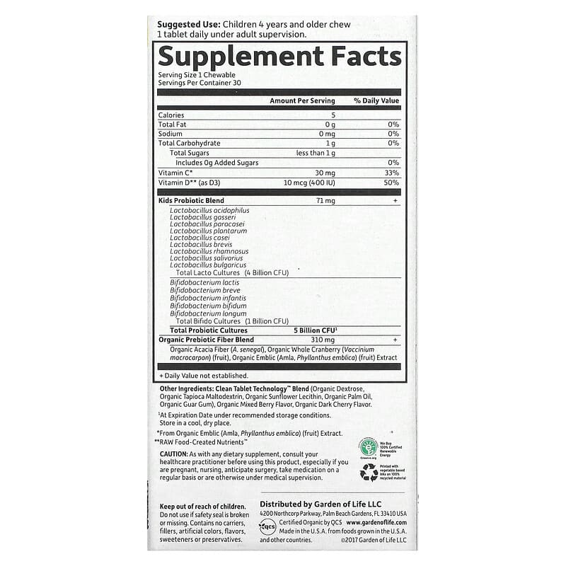 Garden of Life, Dr. Formulated Probiotics, Organic Kids + Probiotics + Vitamins C &amp; D, Tasty Organic Berry Cherry, 30 Yummy Chewables