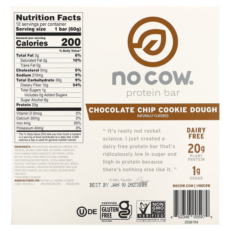 No Cow, Protein Bar, Chocolate Chip Cookie Dough, 12 Bars, 2.12 oz (60 g) Each