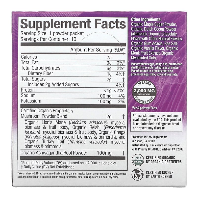 Om Mushrooms, Superfood Mushroom Blend, Hot Chocolate , 10 Packets, 0.28 oz (8 g) Each