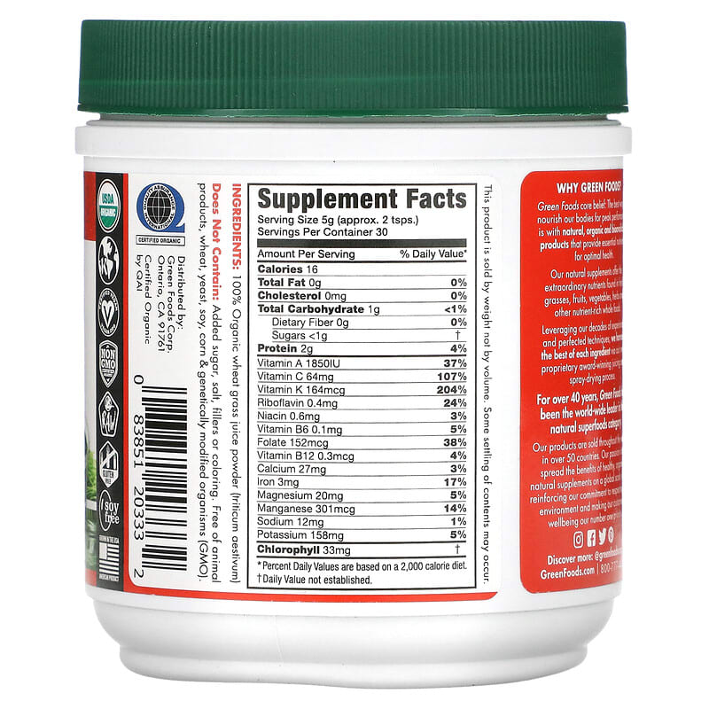 Green Foods, Organic and Raw Wheatgrass Shots, 5.3 oz (150 g)