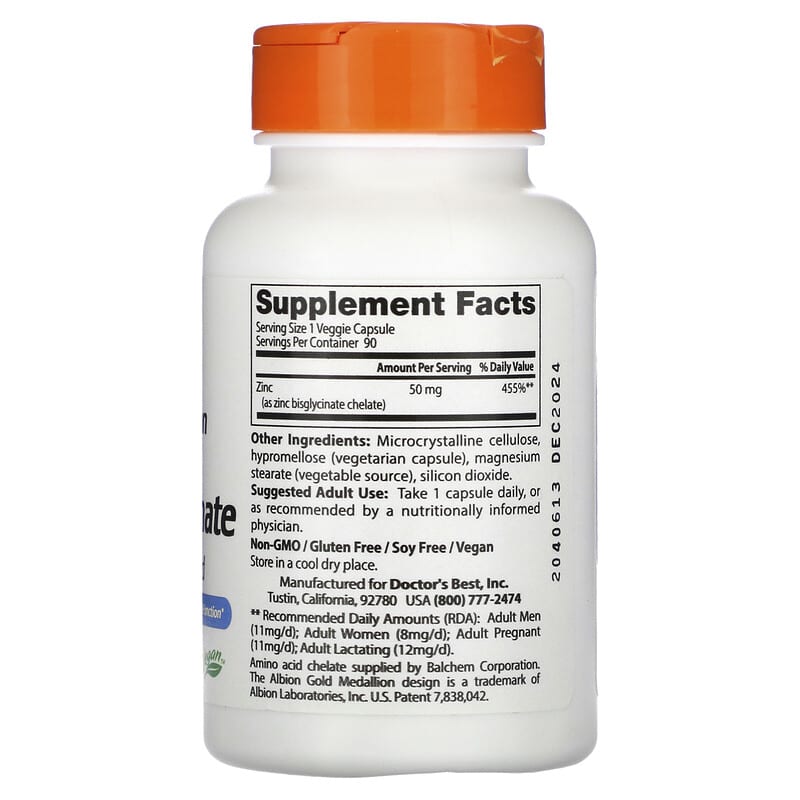 Doctor's Best, High Absorption Zinc Bisglycinate, 50 mg, 90 Veggie Caps