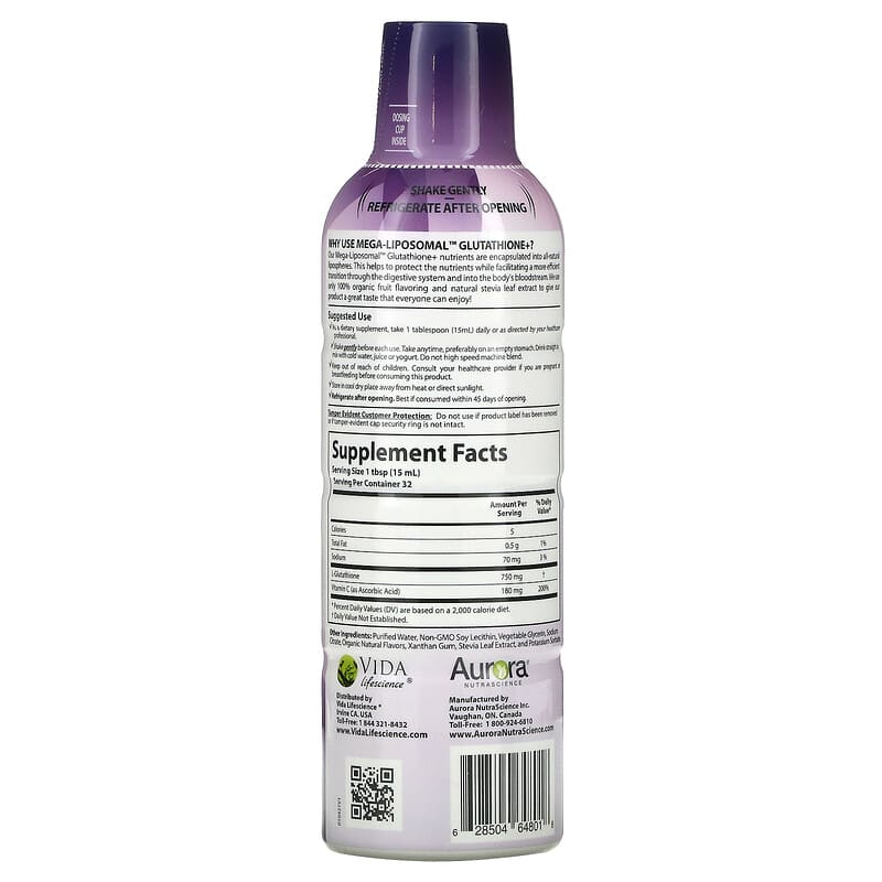 Aurora Nutrascience, Mega-Liposomal Glutathione+, Plus Vitamin C, Organic Fruit, 750 mg, 16 fl oz (480 ml)