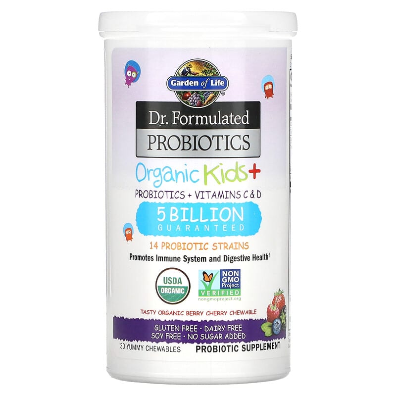 Garden of Life, Dr. Formulated Probiotics, Organic Kids + Probiotics + Vitamins C &amp; D, Tasty Organic Berry Cherry, 30 Yummy Chewables