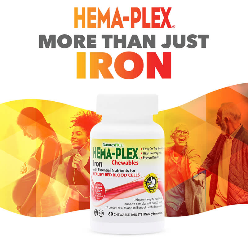 NaturesPlus, Hema-Plex Iron Chewables, Mixed Berry, 60 Chewable Tablets