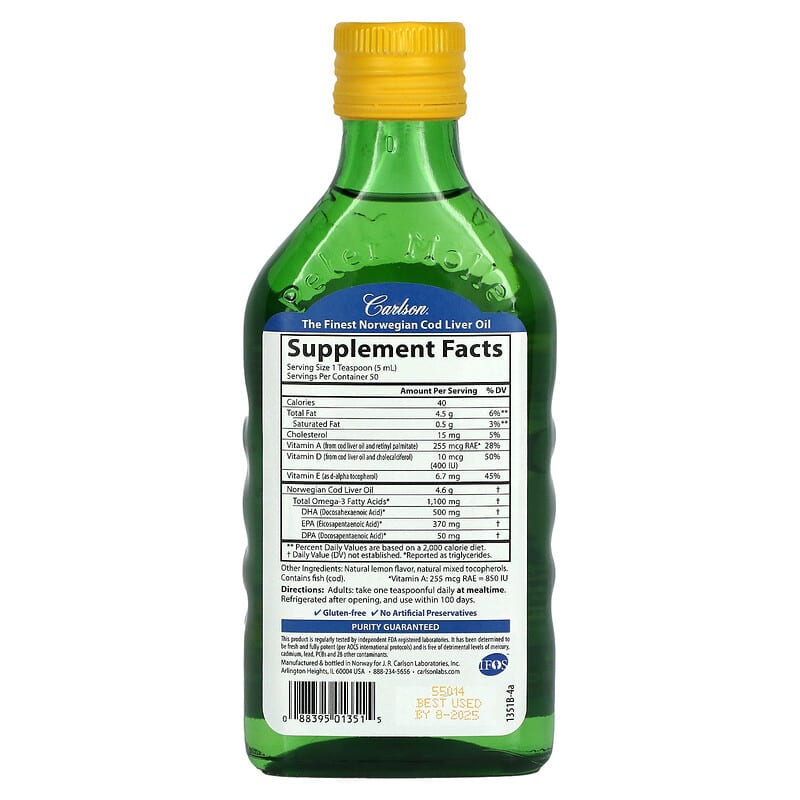 Carlson, Wild Norwegian, Cod Liver Oil, Natural Lemon, 8.4 fl oz (250 ml)