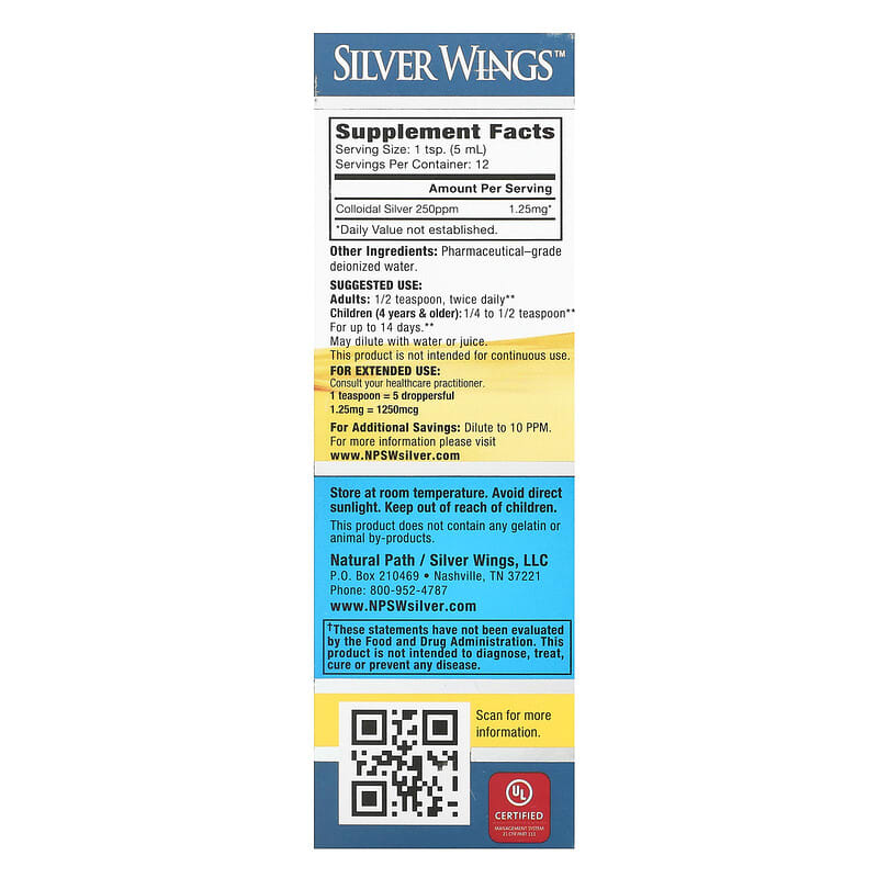 Natural Path Silver Wings, Colloidal Silver, 250 ppm, 2 fl oz (60 ml)
