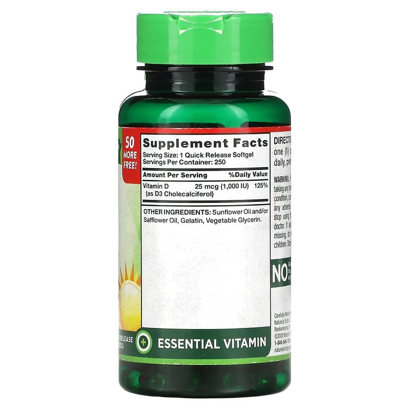 Nature's Truth, Vitamin D3, High Potency , 25 mcg (1,000 IU), 250 Quick Release Softgels