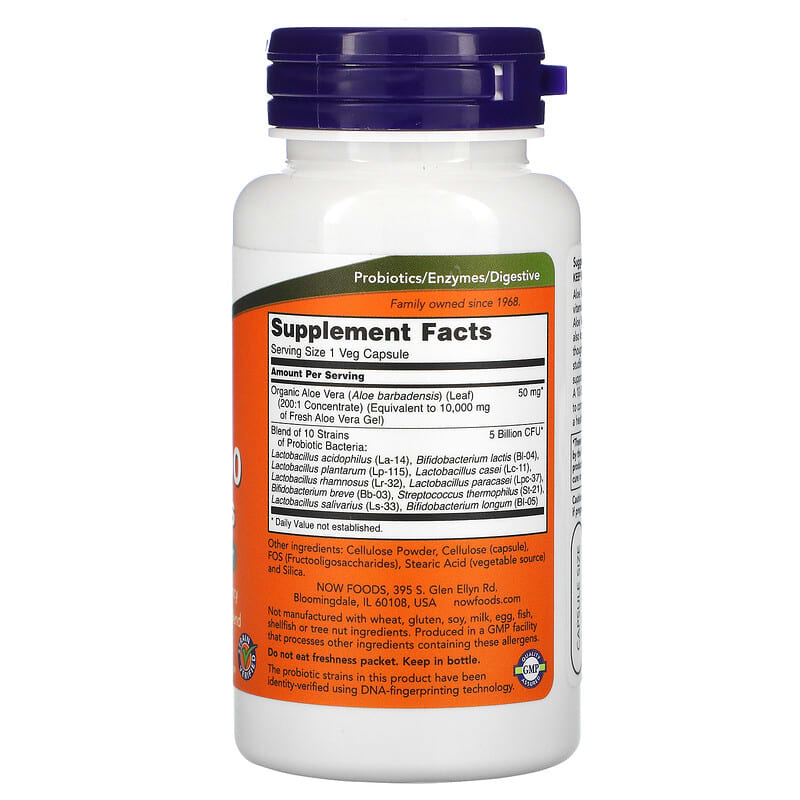 NOW Foods, Aloe 10,000 &amp; Probiotics, 60 Veg Capsules