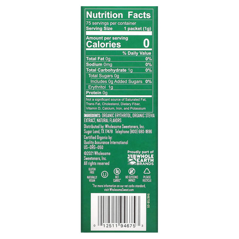 Wholesome Sweeteners, Organic Stevia With Erythritol, Zero Calorie Sweetener, 75 Individual Packets, 2.64 oz (75 g)