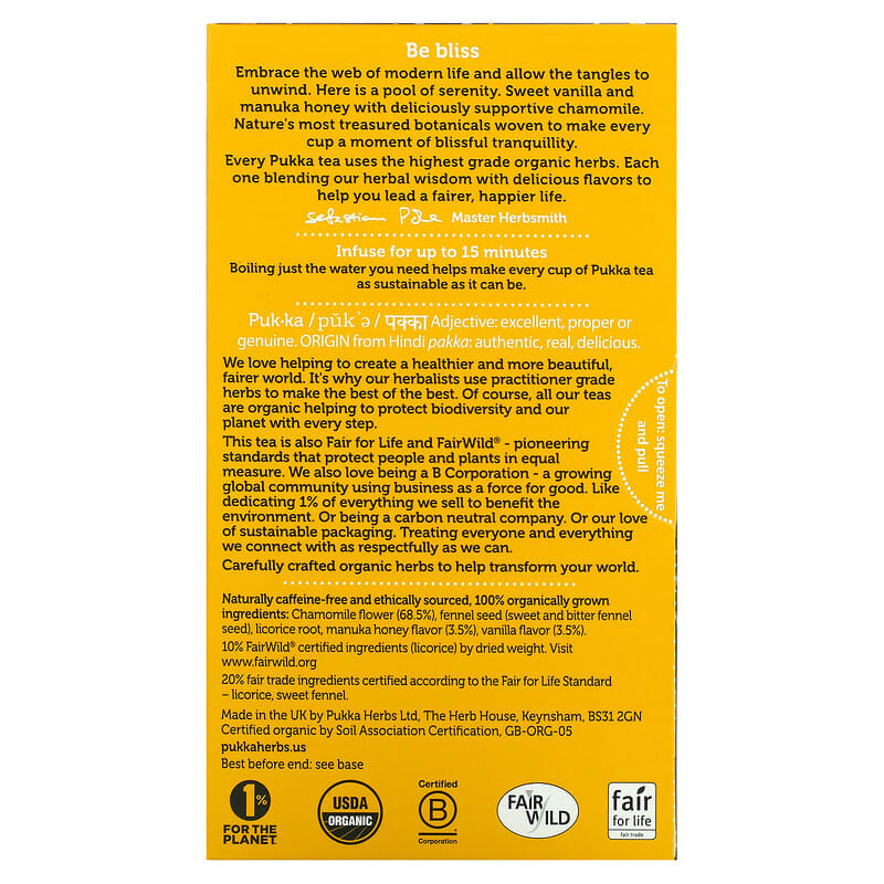 Pukka Herbs, Organic Herbal Tea, Chamomile, Vanilla &amp; Manuka Honey, Caffeine Free, 20  Sachets, 1.12 oz (32 g)