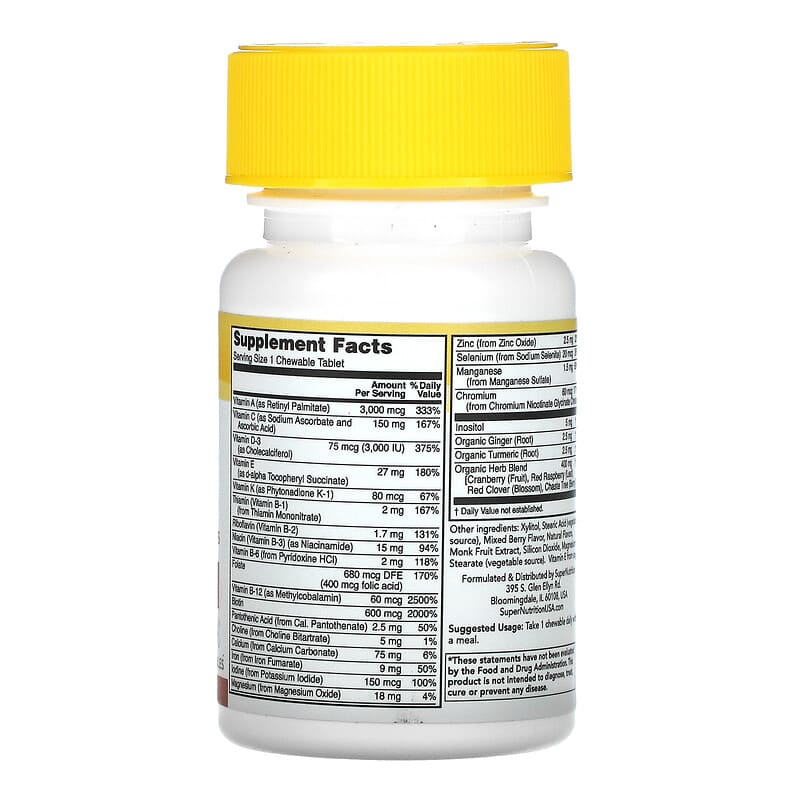 Super Nutrition, SimplyOne®, Women, Multivitamin + Supporting Herbs with Vitamin A, and Organic Botanical Blend, Wild-Berry, 30 Chewables