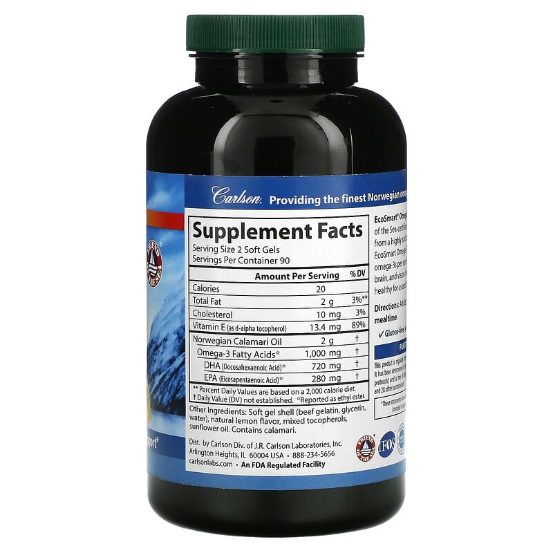 Carlson, Wild Norwegian, EcoSmart® Omega-3, Natural Lemon, 180 Soft Gels