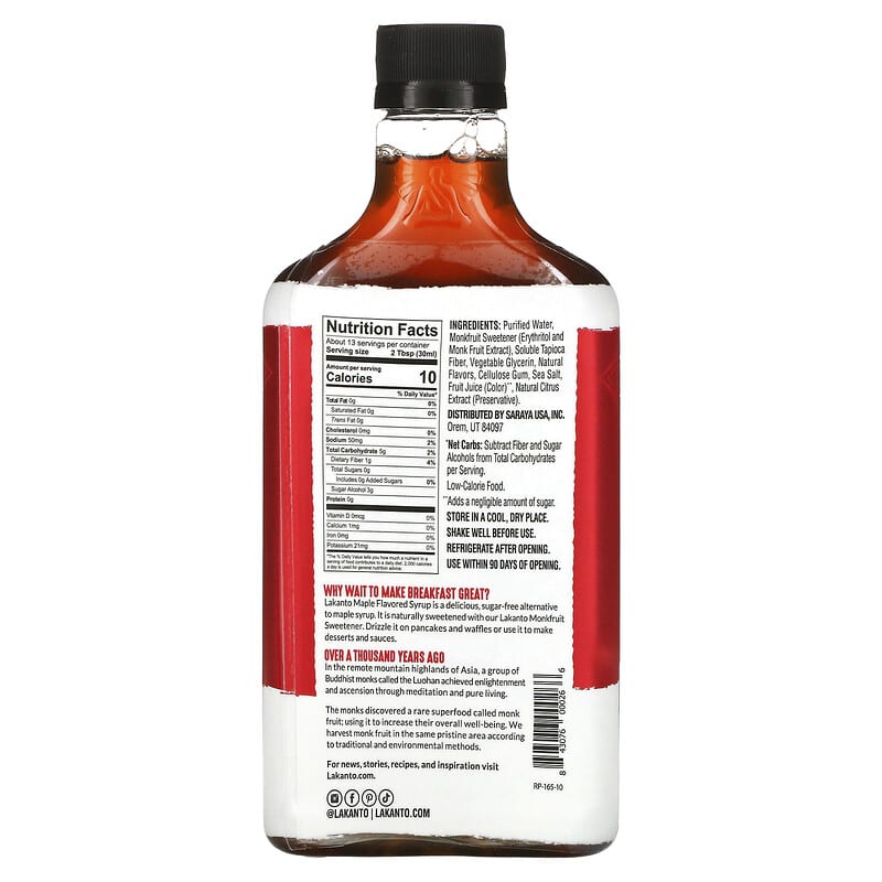 Lakanto, Maple Original Syrup, Monk Fruit &amp; Erythritol Sweetened, 13 fl oz (384 ml)