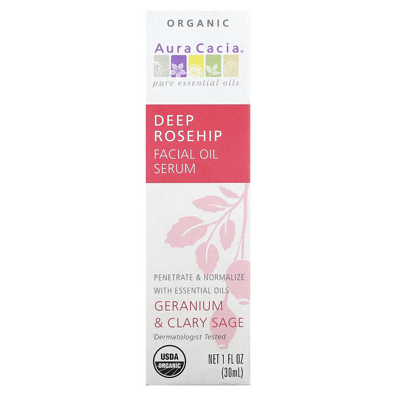 Aura Cacia, Organic Deep Rosehip Facial Oil Serum, Geranium &amp; Clary Sage, 1 fl oz (30 ml)