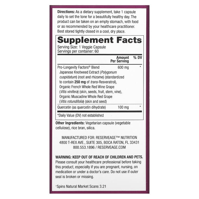 Reserveage Beauty, Resveratrol, Trans-Resveratrol, 60 Veggie Capsules