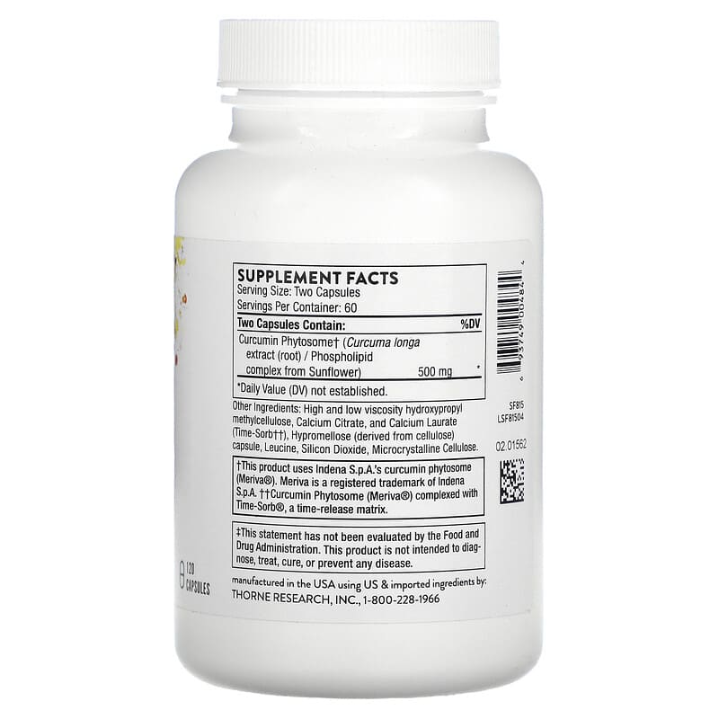 Thorne, Curcumin Phytosome, Sustained Release, 120 Capsules (250 mg per Capsule)