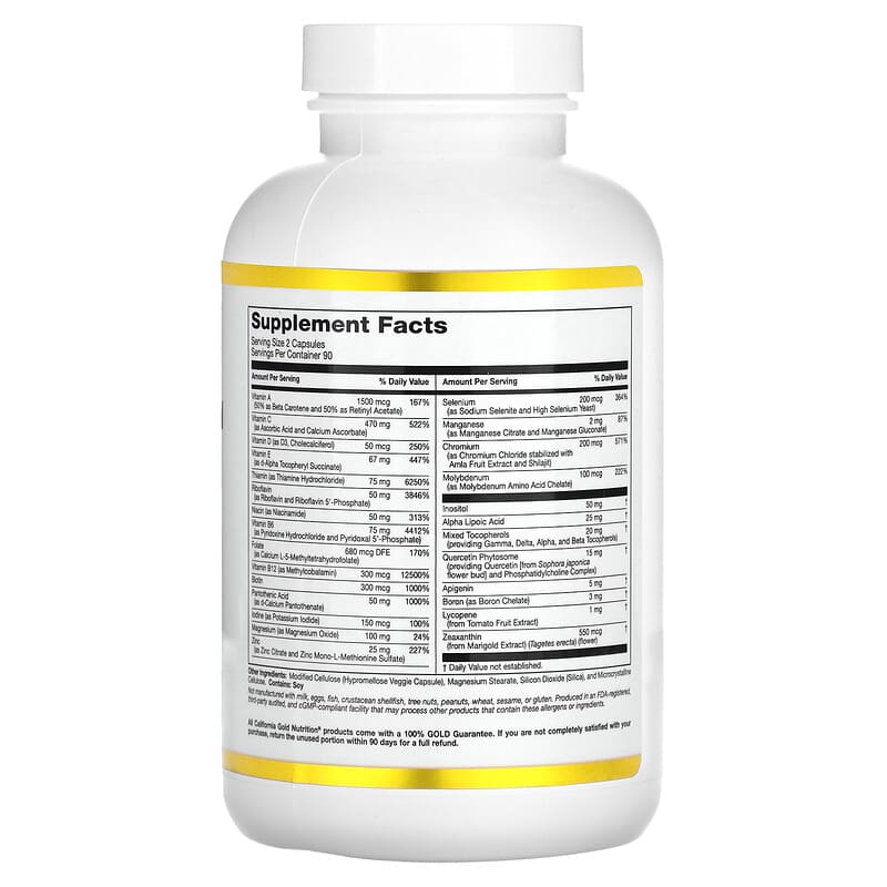California Gold Nutrition, Multivitamin and Mineral with Methyl B12, Vitamin C, L-MethylFolate and Bio-Quercetin, Two-A-Day, 180 Veggie Capsules