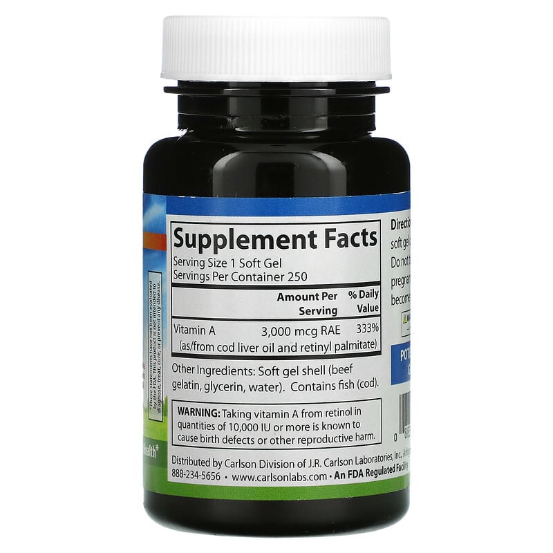Carlson, Vitamin A, 3,000 mcg RAE (10,000 IU), 250 Soft Gels