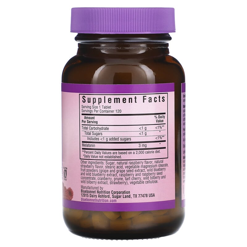 Bluebonnet Nutrition, EarthSweet® Chewables, Melatonin, Raspberry, 3 mg, 120 Chewable Tablets