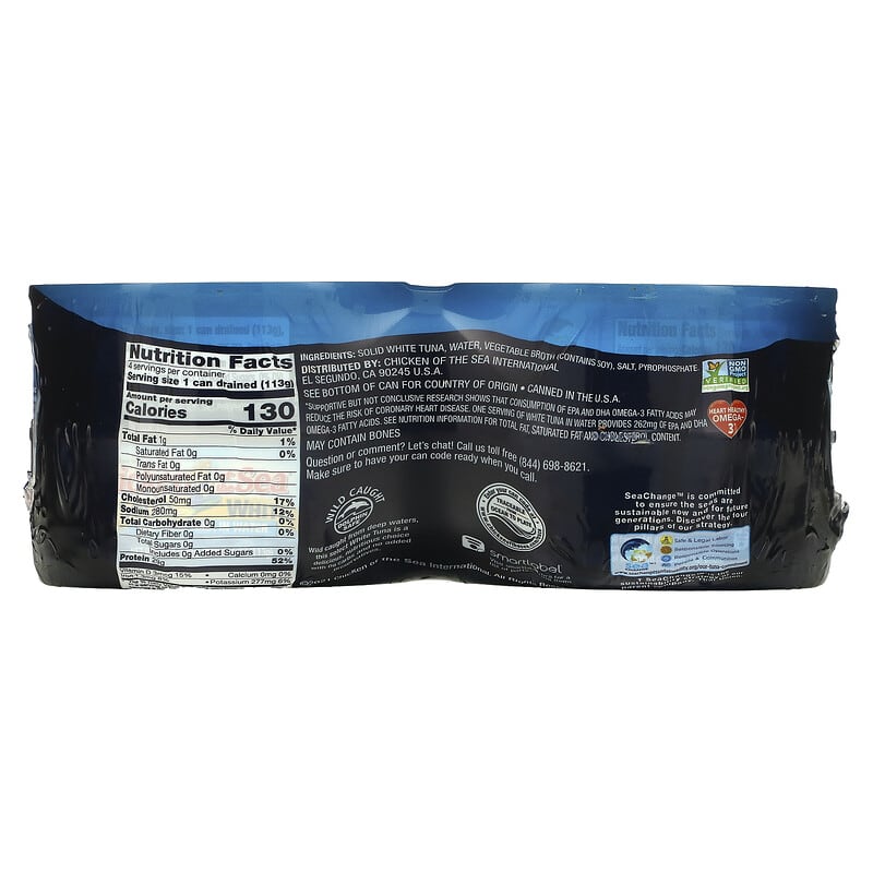 Chicken of the Sea, Wild Caught Solid White Premium Tuna in Water, 4 Pack, 5 oz (142 g) Each