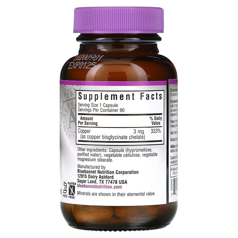 Bluebonnet Nutrition, Chelated Copper, 3 mg , 90 Vegetable Capsules