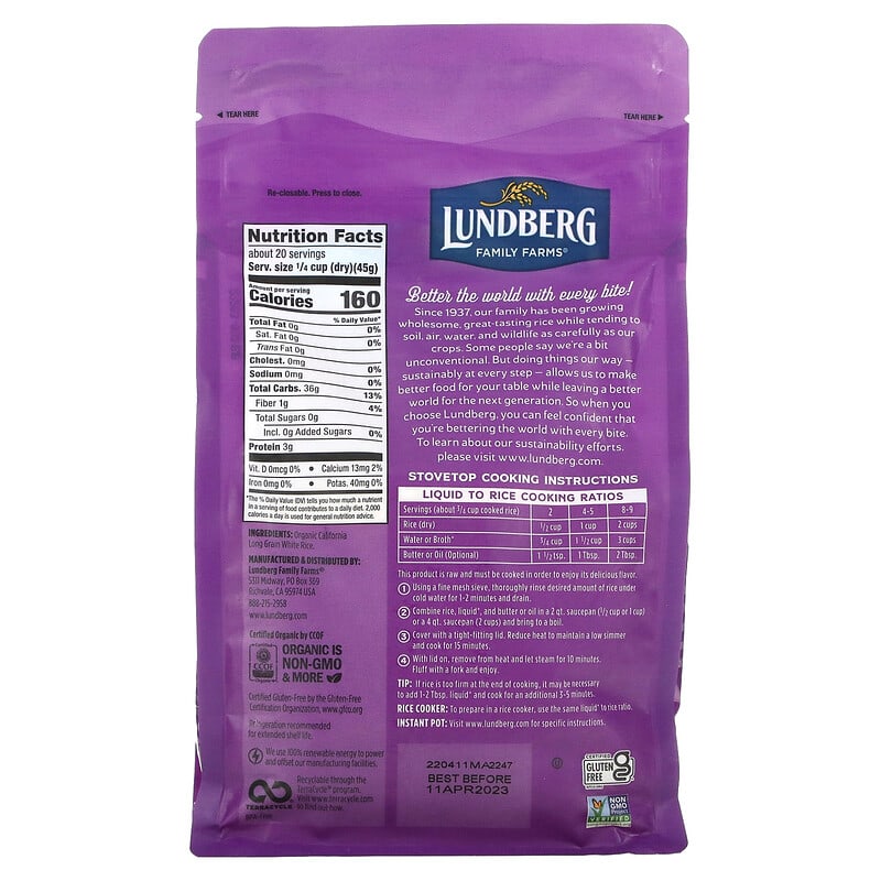 Lundberg, Organic White Rice, Jasmine, 32 oz  (907 g)