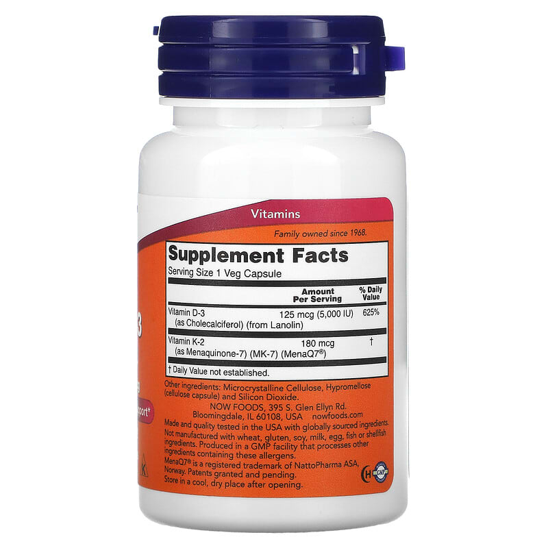 NOW Foods, Mega D-3 &amp; MK-7, 5,000 IU / 180 mcg, 60 Capsules