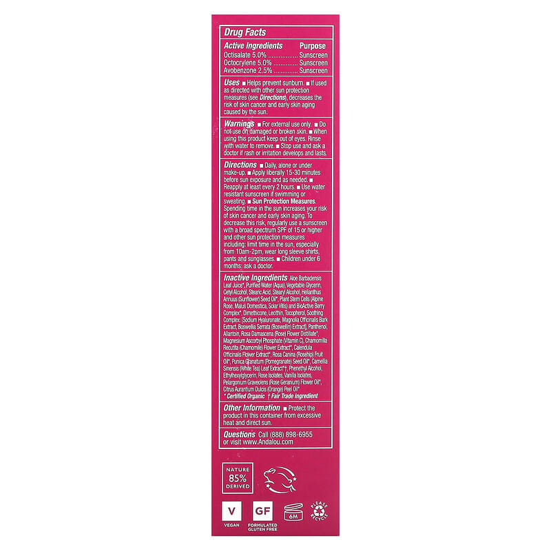 Andalou Naturals, 1000 Roses®, Daily Shade, Facial Lotion, SPF 18, Sensitive, 2.7 fl oz (80 ml)