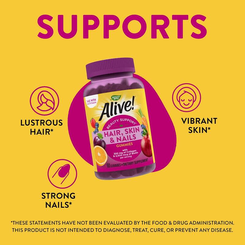 Nature's Way, Alive!® Hair, Skin &amp; Nails Premium Gummy, Strawberry, 60 Gummies