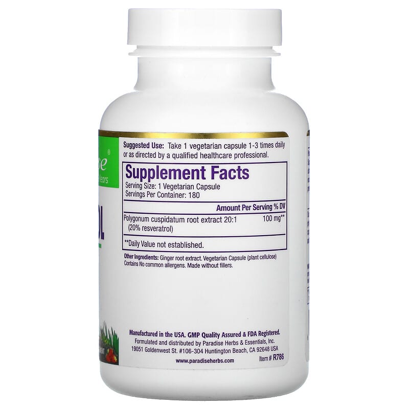 Paradise Herbs, Resveratrol Extract, 180 Vegetarian Capsules (100 mg per Capsule)