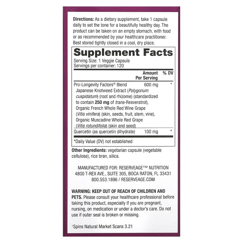 Reserveage Beauty, Resveratrol, 250 mg, 120 Veggie Capsules