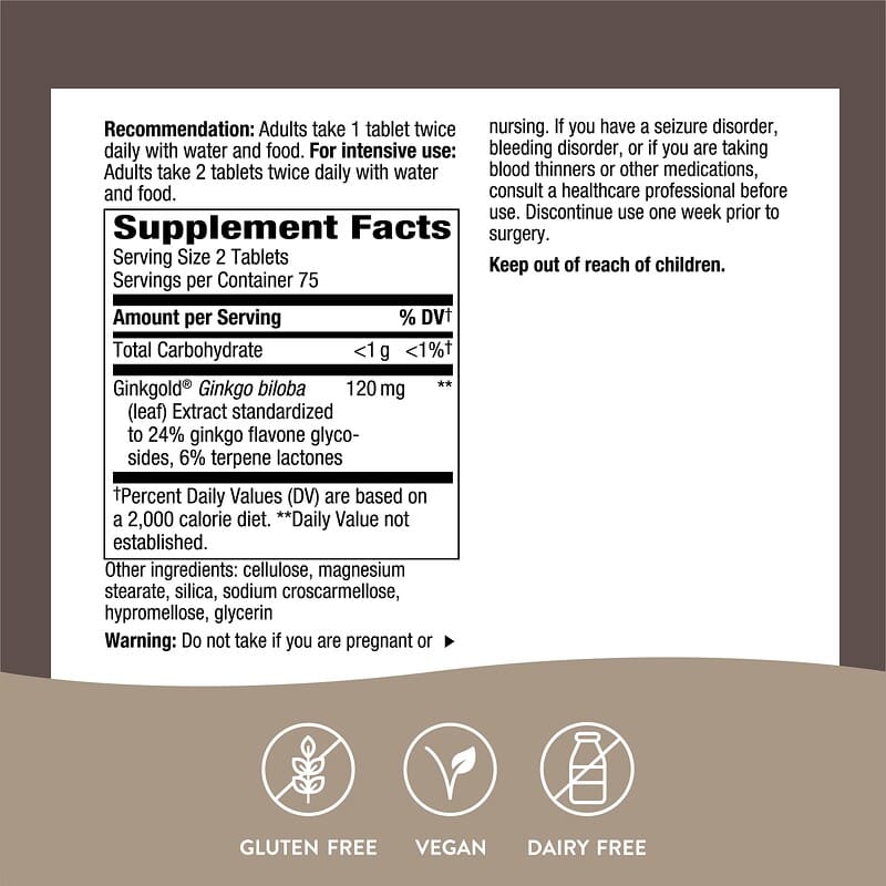 Nature's Way, Ginkgold®, 150 Tablets (60 mg per Tablet)