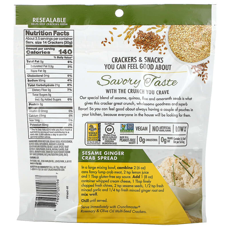 Crunchmaster, Multi-Seed, Crunchy, Baked Rice Crackers, Rosemary &amp; Olive Oil, 4 oz (113 g)