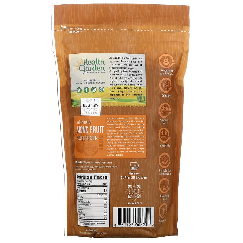 Health Garden, Monk Fruit with Erythritol, Golden, 16 oz (454 g)