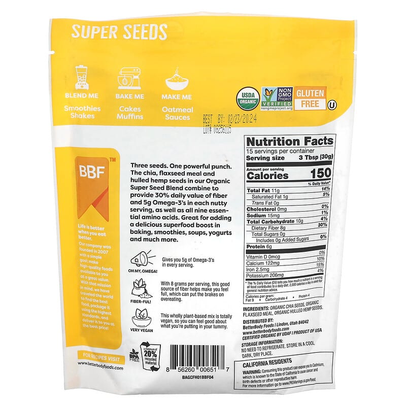 BetterBody Foods, Organic Super Seeds, 16 oz (454 g)