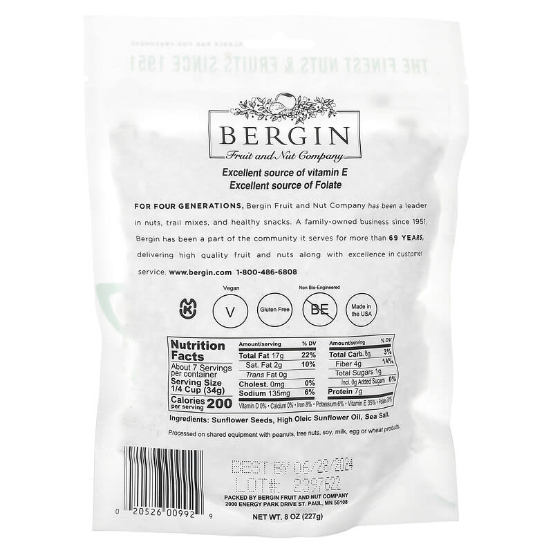 Bergin Fruit and Nut Company, Sunflower Seeds, Roasted &amp; Salted, 8 oz (227 g)