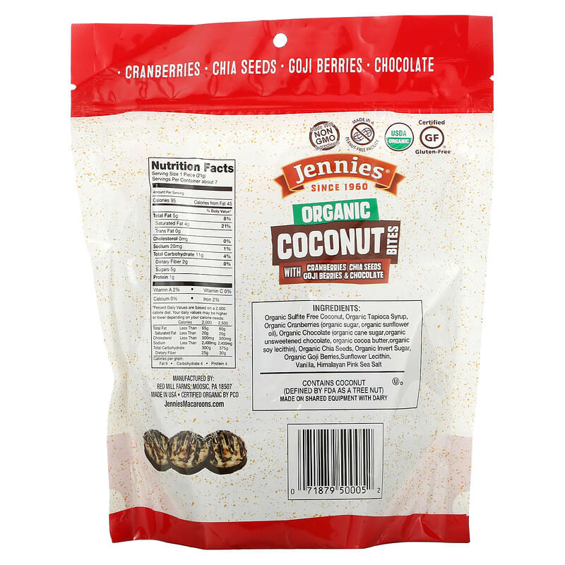 Jennies Macaroons, Organic Coconut Bites, with Cranberries, Chia Seeds, Goji &amp; Chocolate, 5.25 oz (149 g)