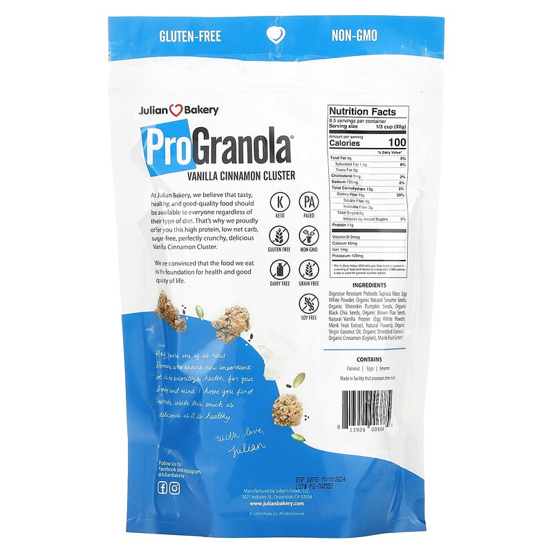 Julian Bakery, ProGranola® Clusters, Vanilla Cinnamon, 9 oz (255 g)