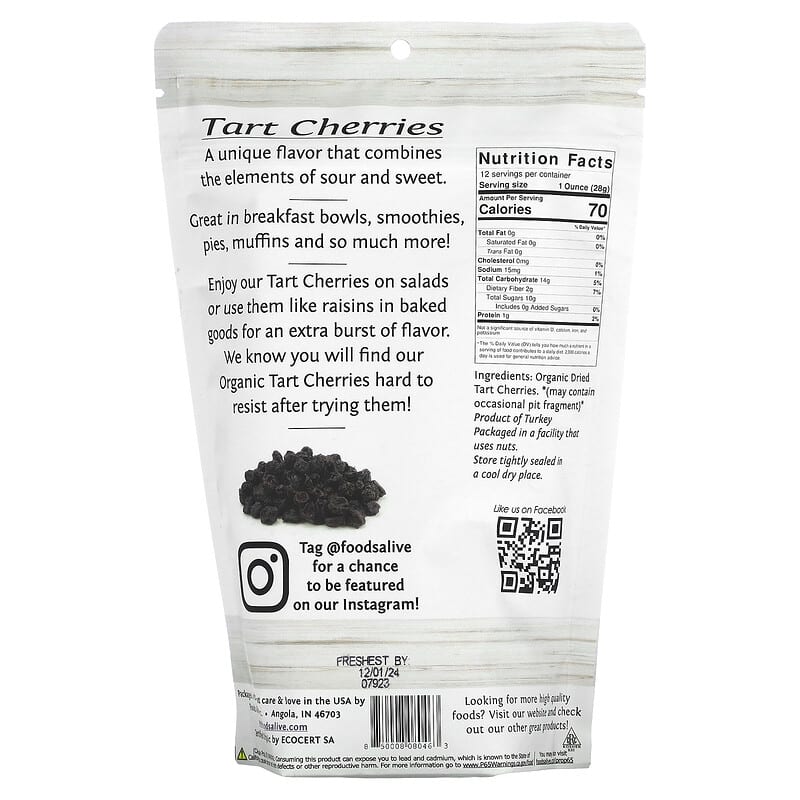 Foods Alive, Organic Tart Cherries, Dried, 10 oz (284 g)
