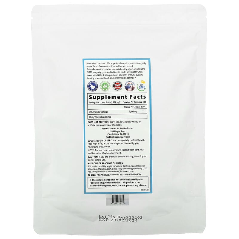 ProHealth Longevity, Pure Trans-Resveratrol Micronized Powder, 100 g
