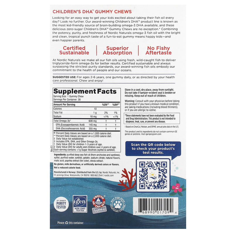 Nordic Naturals, Children's DHA Gummy Chews, Ages 3+, Tropical Punch, 30 Gummies (355 mg per gummy)