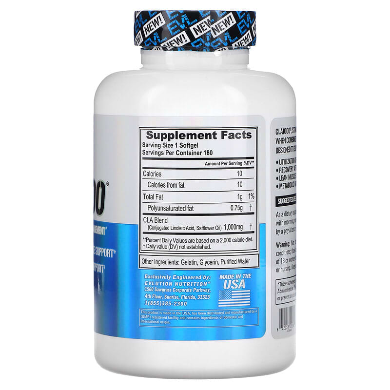 EVLution Nutrition, CLA1000®, Stimulant Free Weight Management, 180 Softgels (1,000 mg per Softgel)