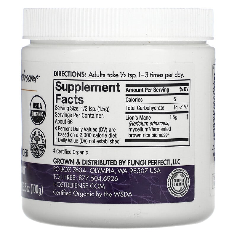 Host Defense® Mushrooms, Lion's Mane, Mushroom Mycelium Powder, 3.5 oz (100 g)