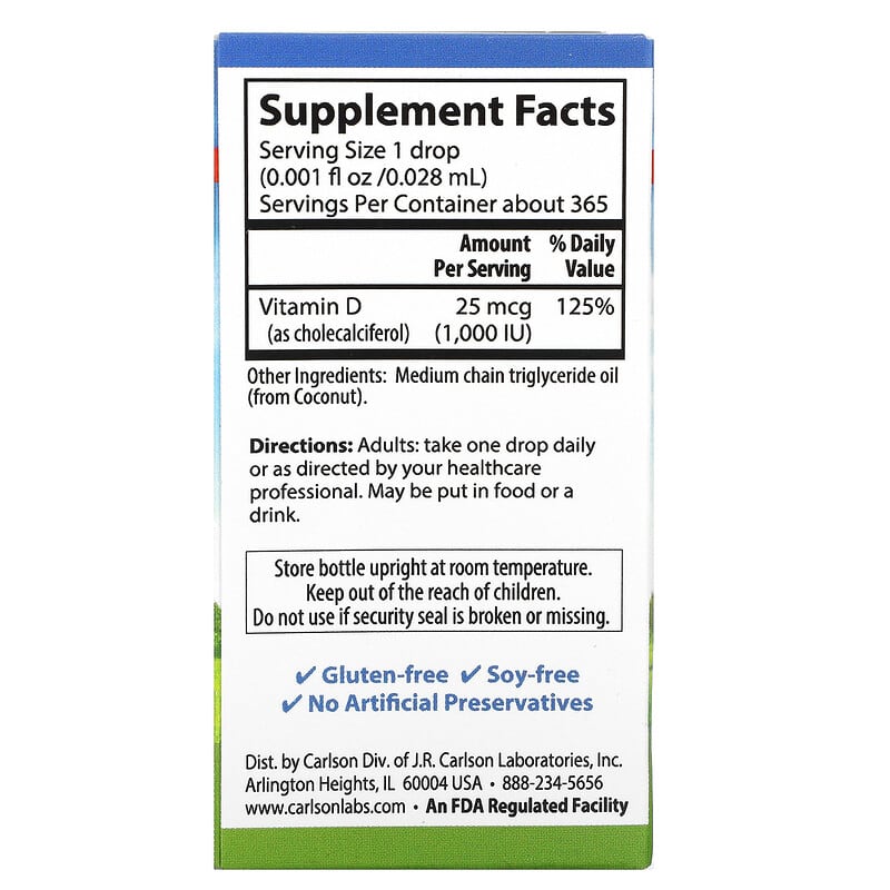 Carlson, Super Daily® D3, 25 mcg (1,000 IU), 0.35 fl oz (10.3 ml)