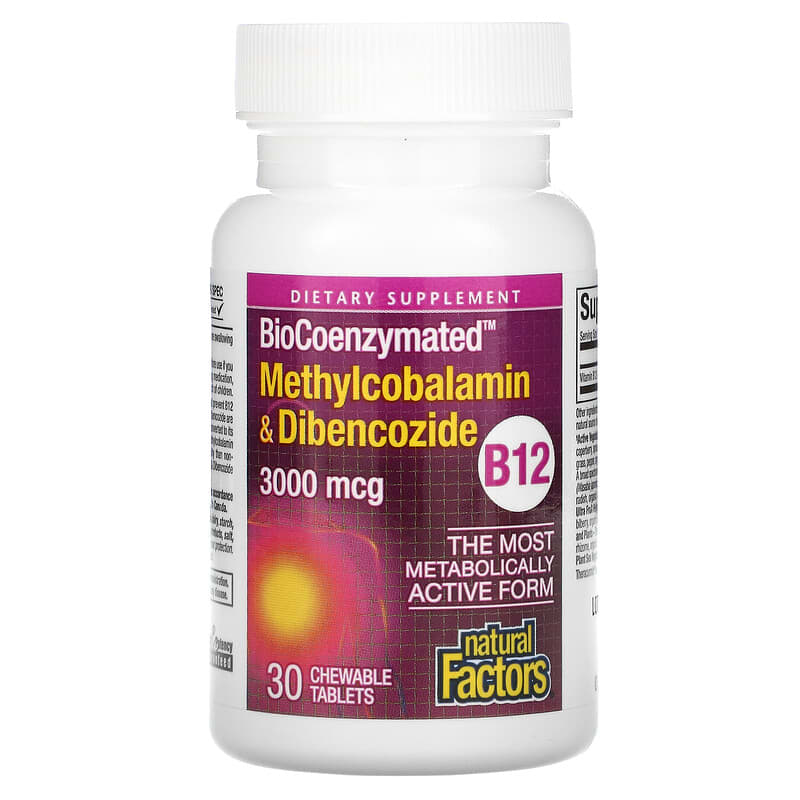 Natural Factors, BioCoenzymated, Methylcobalamin &amp; Dibencozide, B12, 3,000 mcg, 30 Chewable Tablets