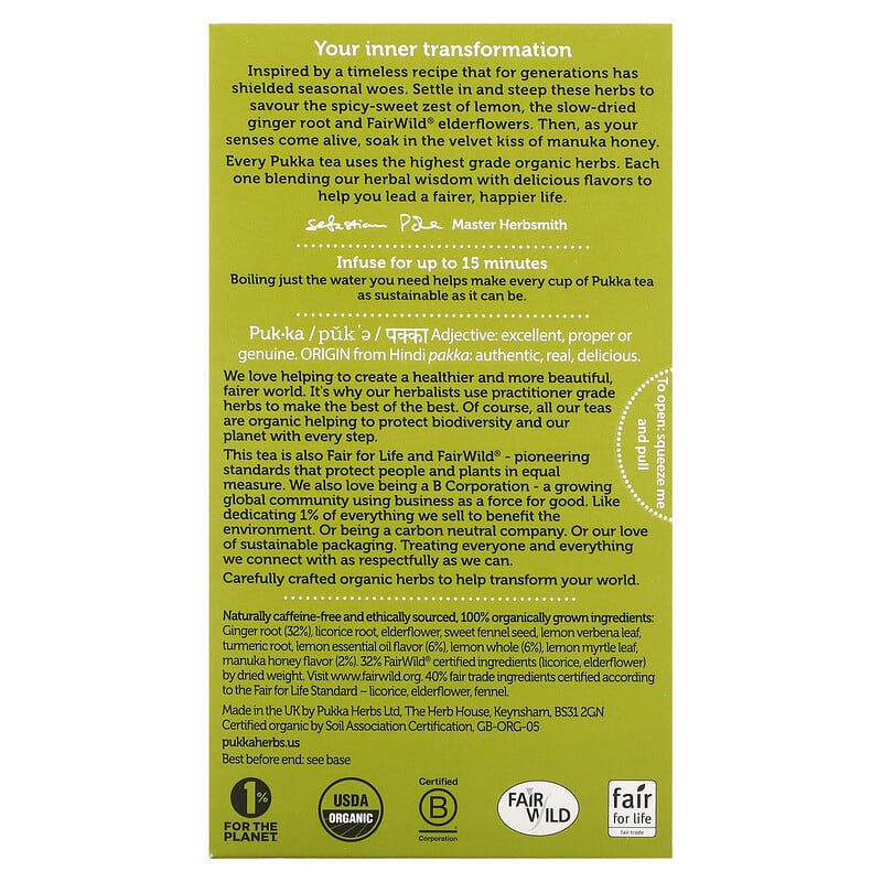 Pukka Herbs, Organic Herbal Tea, Lemon Ginger &amp; Manuka Honey, Caffeine Free, 20 Sachets, 1.41 oz (40 g)