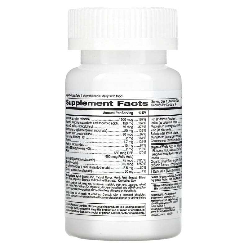 Super Nutrition, SimplyOne®, Men’s Multivitamin + Supporting Herbs with Vitamin A, Vitamin C, Organic Whole Food and Botanical Blend, Wild-Berry, 30 Chewable Tablets