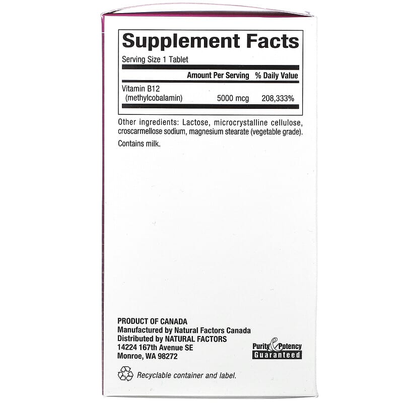 Natural Factors, B12, Methylcobalamin, 5,000 mcg, 60 Chewable Tablets